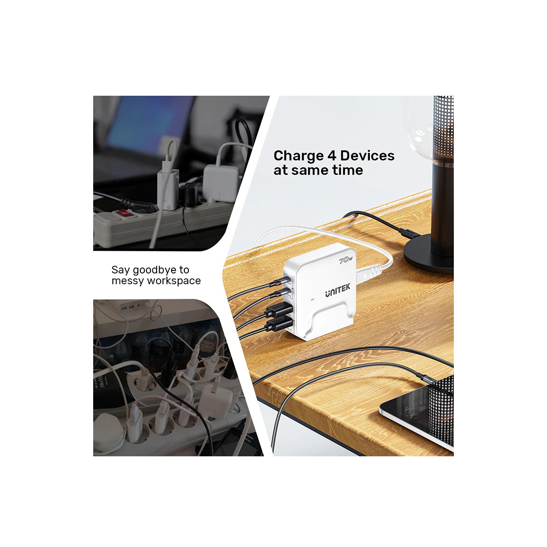 Unitek Charge Desktop 70W 4in1 GaN Charger - White in Qatar Unitek Charge Desktop 70W 4in1 GaN Charger - White in Qatar